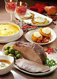 Weihnachtsmenü Rinderbraten mit Rosenkohl und Kartoffelgratin